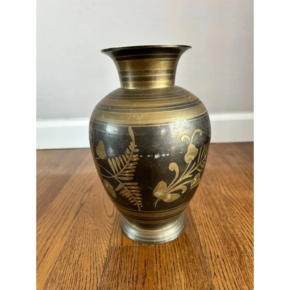 Vintage Brass Etched Vase Made in India Floral 9in